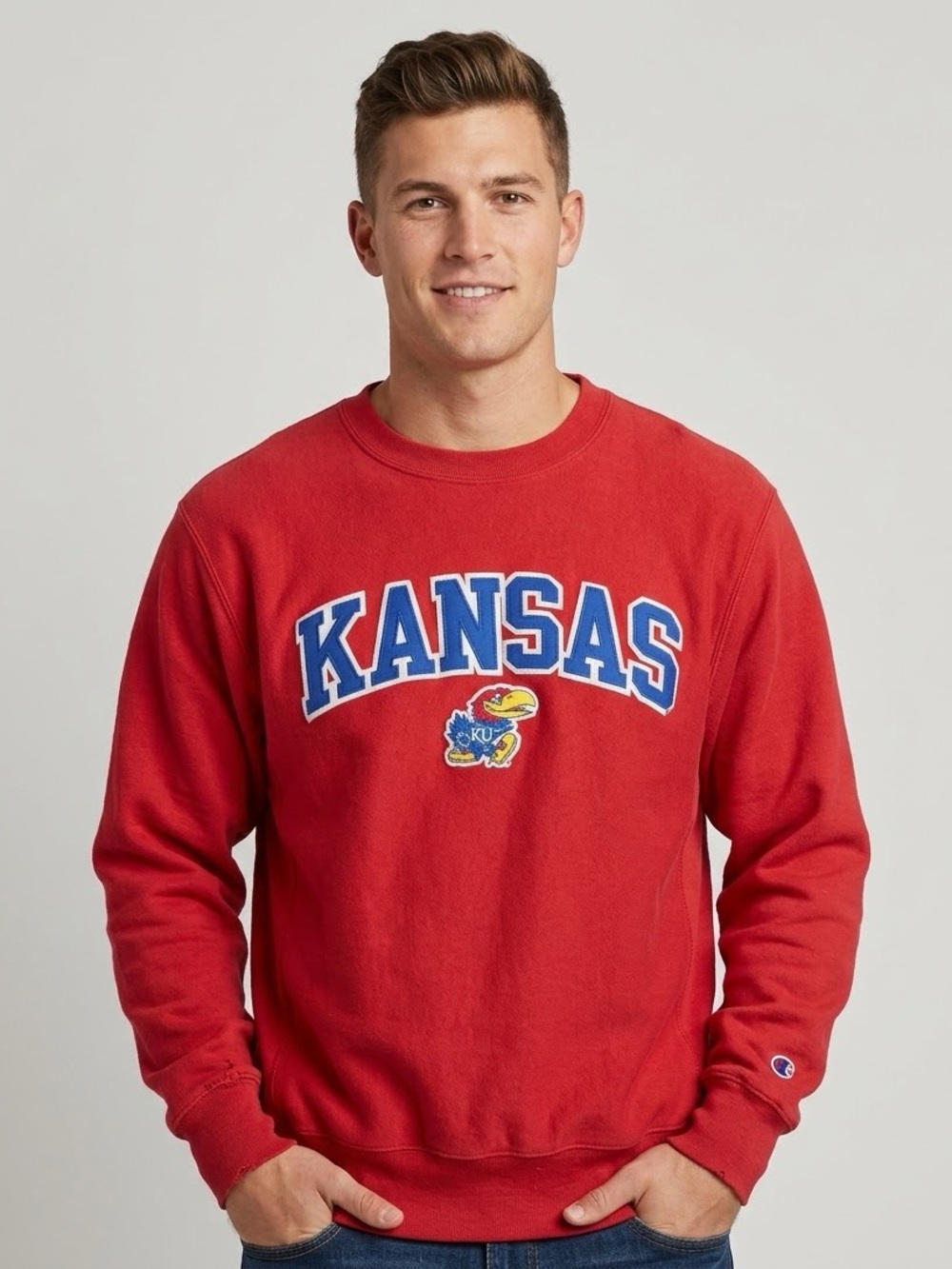 Champion Kansas Jayhawks Crewneck Sweatshirt Mens Small Red Embroidered KU NCAA